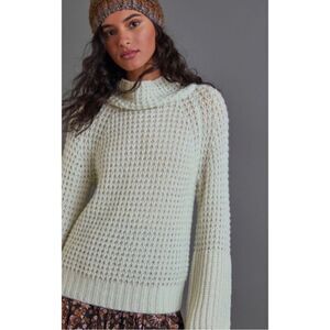 Anthropologie Maeve Dionne Mint Green Wool Blend Knit Bell Sleeve Sweater Sz M